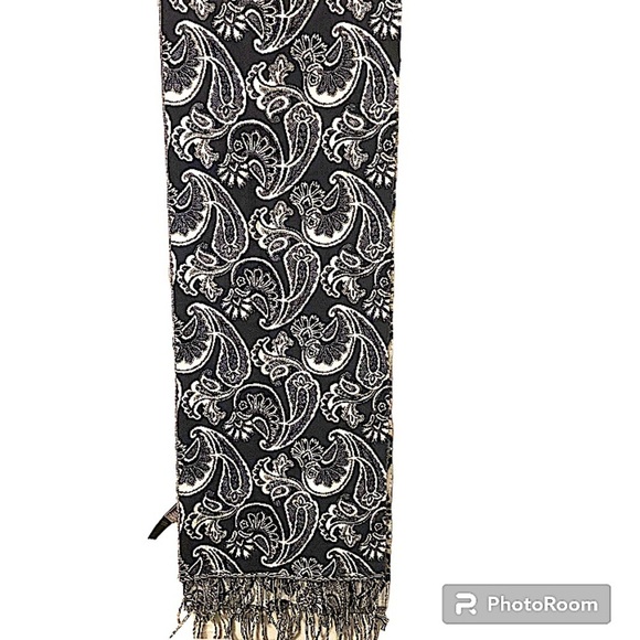 Chico's Accessories - Chico’s Blue Black and White Bold Paisley Print Fringed Edging Acrylic Scarf
